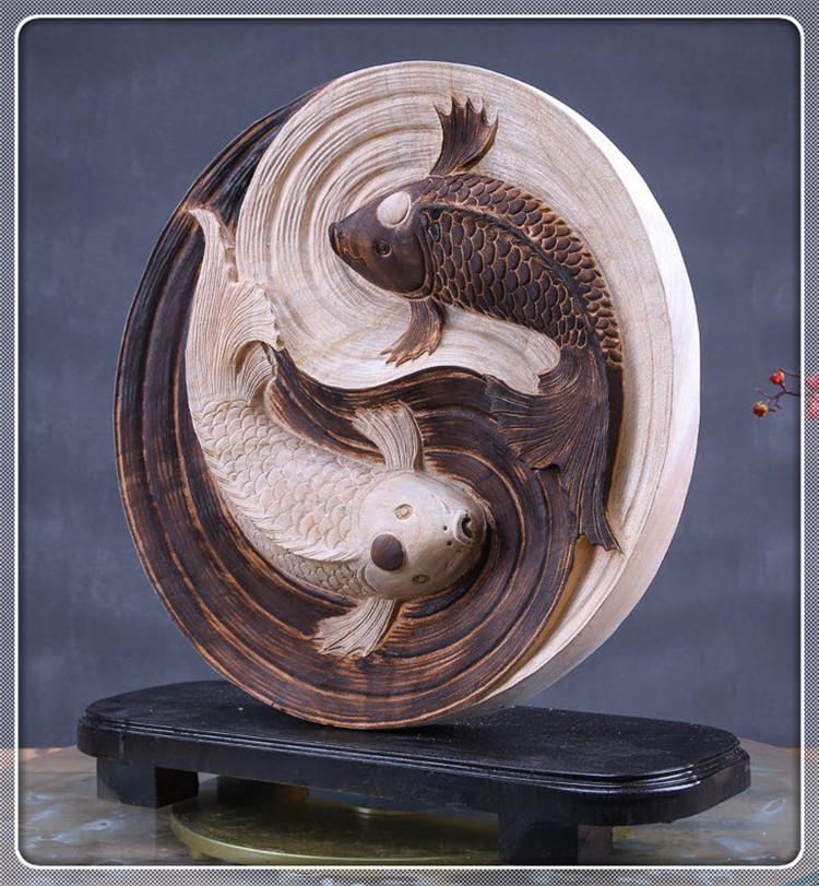 yidingge/熠鼎阁 【太极阴阳鱼】香樟木工艺品 招财风水摆件 木雕工艺礼品
